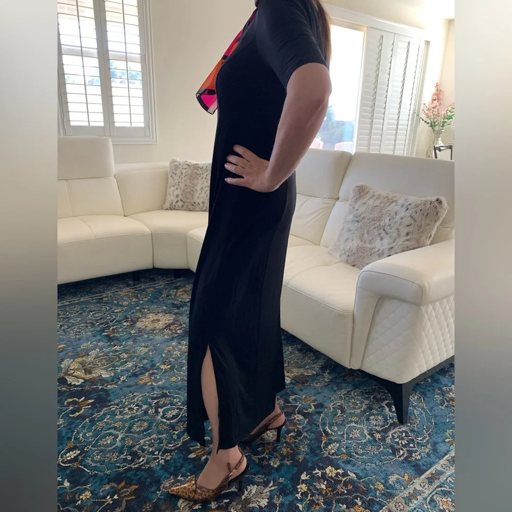 Chico’s jersey-stretchy black maxi dress with short sleeves and side slit 6
